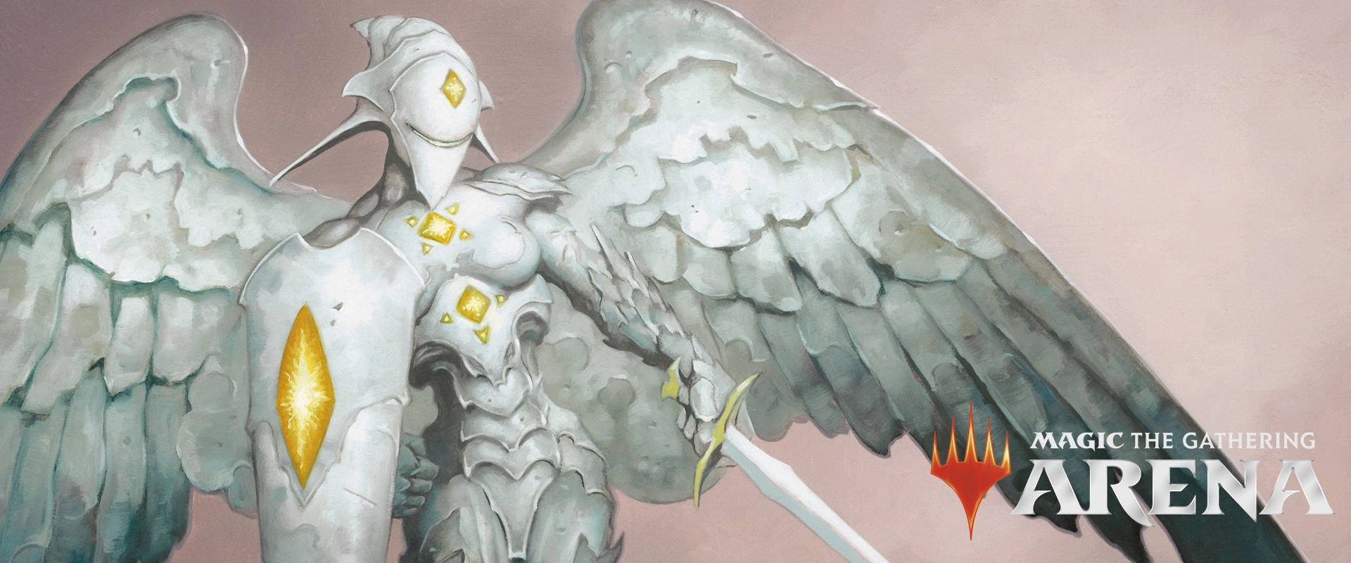 A metallic angel brandishes a sword as she hovers in a murky void. The MTG Arena logo is displayed prominently